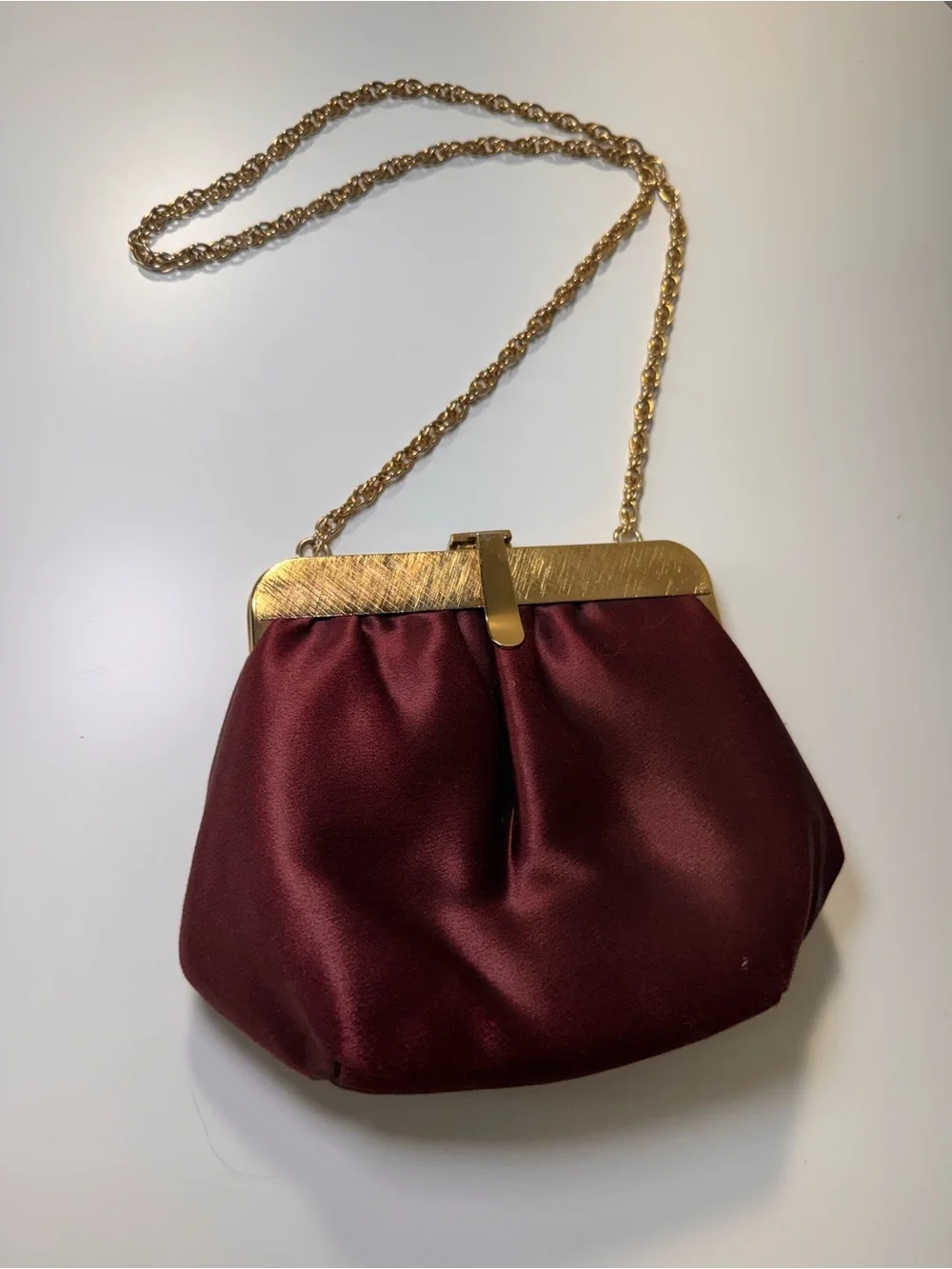 Vintage Retro Burgundy Brown Satin Evening Clutch Bag Gold Chain & lift clasp